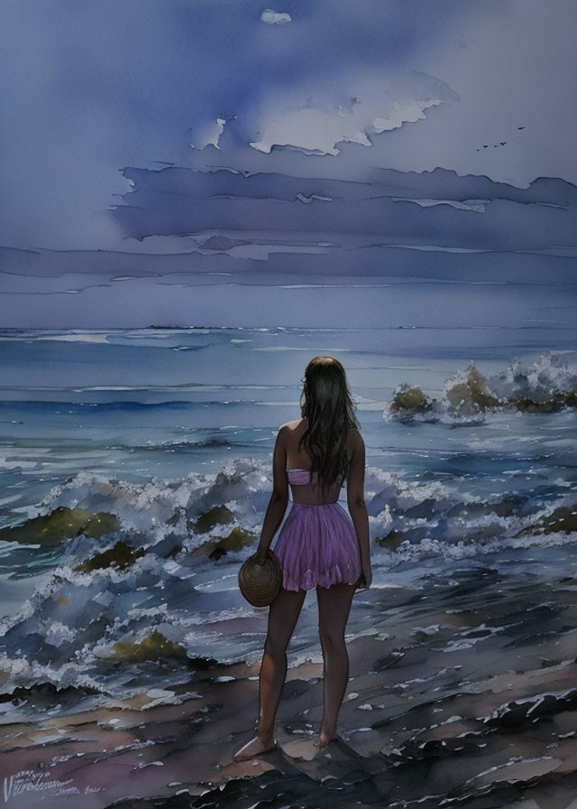 Woman in purple dress by the sea under dusky sky