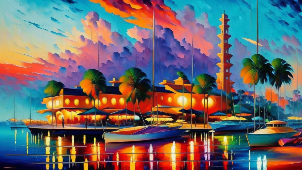 Vibrant waterfront painting with boats, villa, palm trees, and sunset