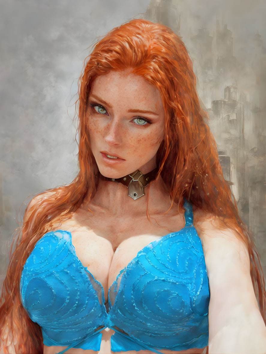 Red-haired woman with freckles in blue top and choker, digital portrait with blurred background.