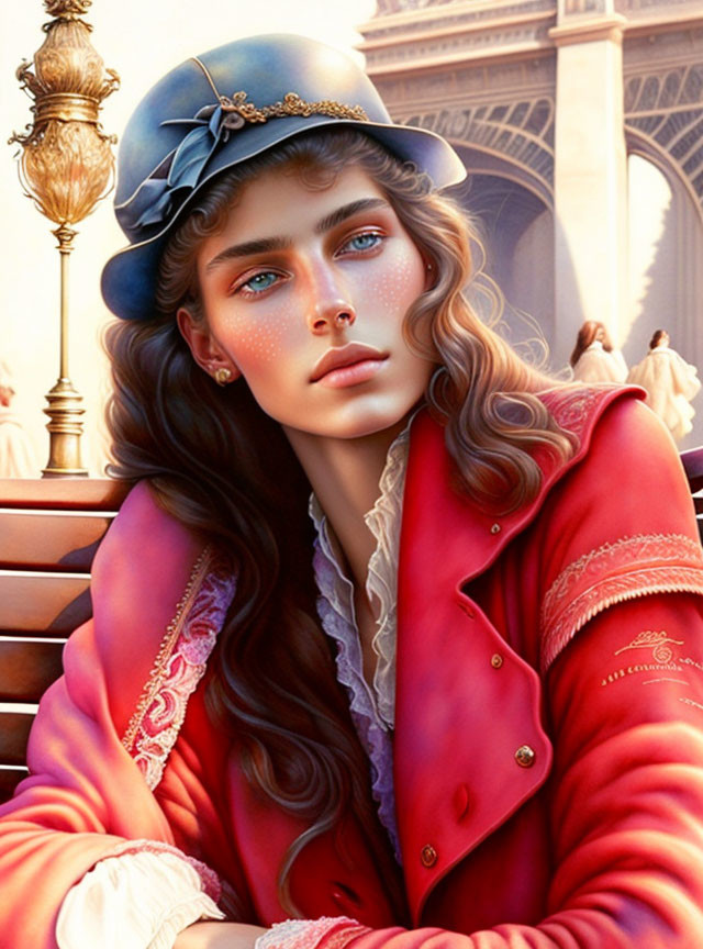 Digital illustration of woman with blue eyes and curly hair in blue hat and red coat with gold details,