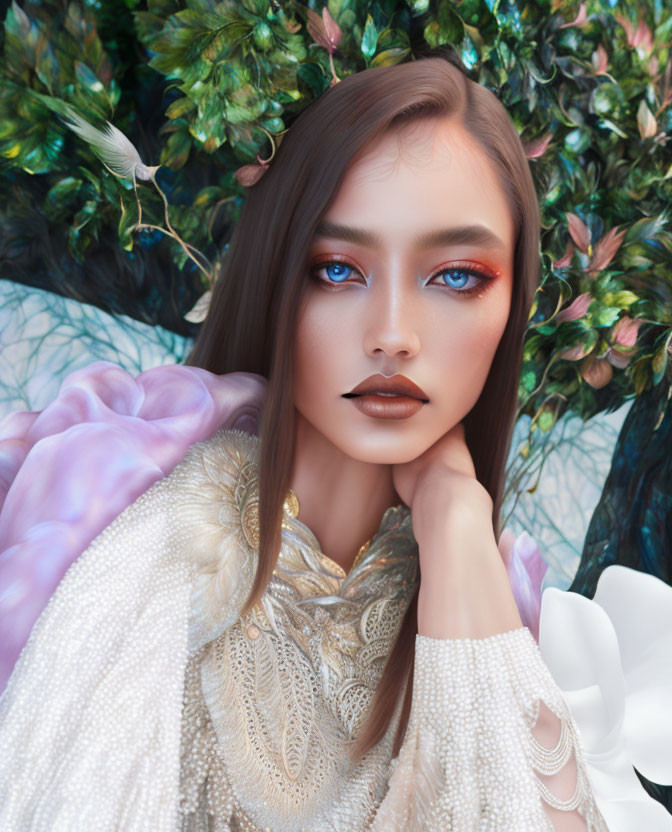 Blue eyeshadow and dark lipstick on woman in floral setting exudes fantastical vibe