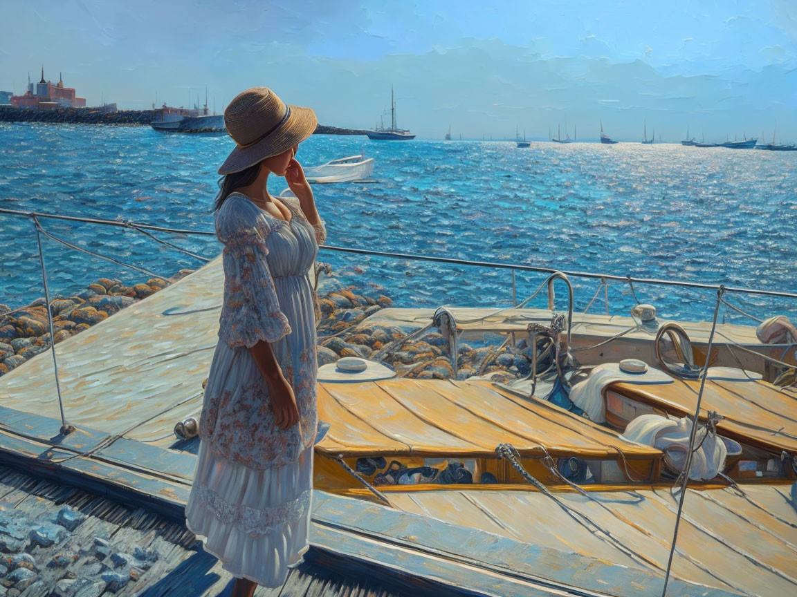 Woman in sunhat and dress on yacht deck overlooking moored boats under blue sky