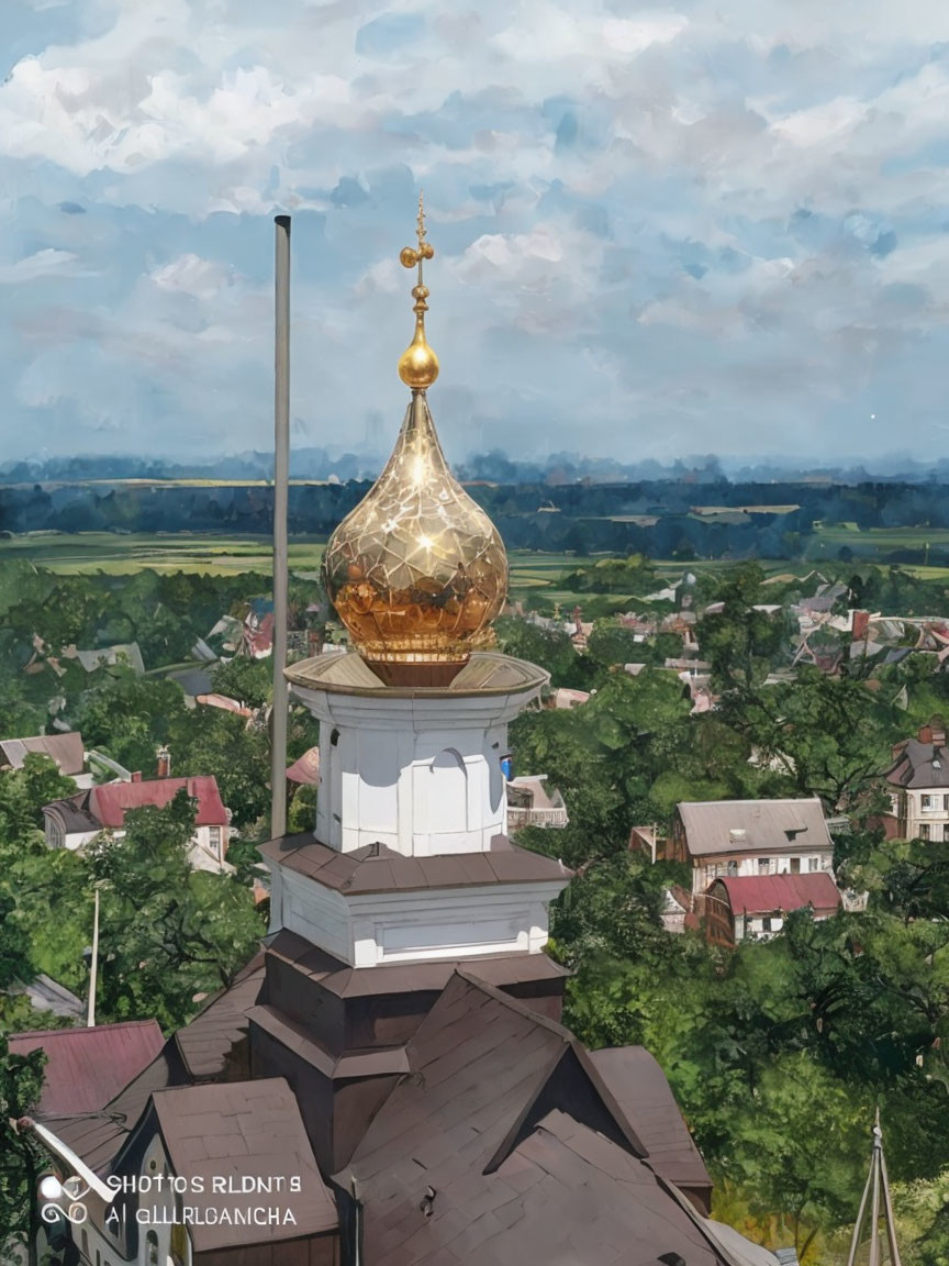 Golden dome with cross overlooks rural landscape and mountains under cloudy sky