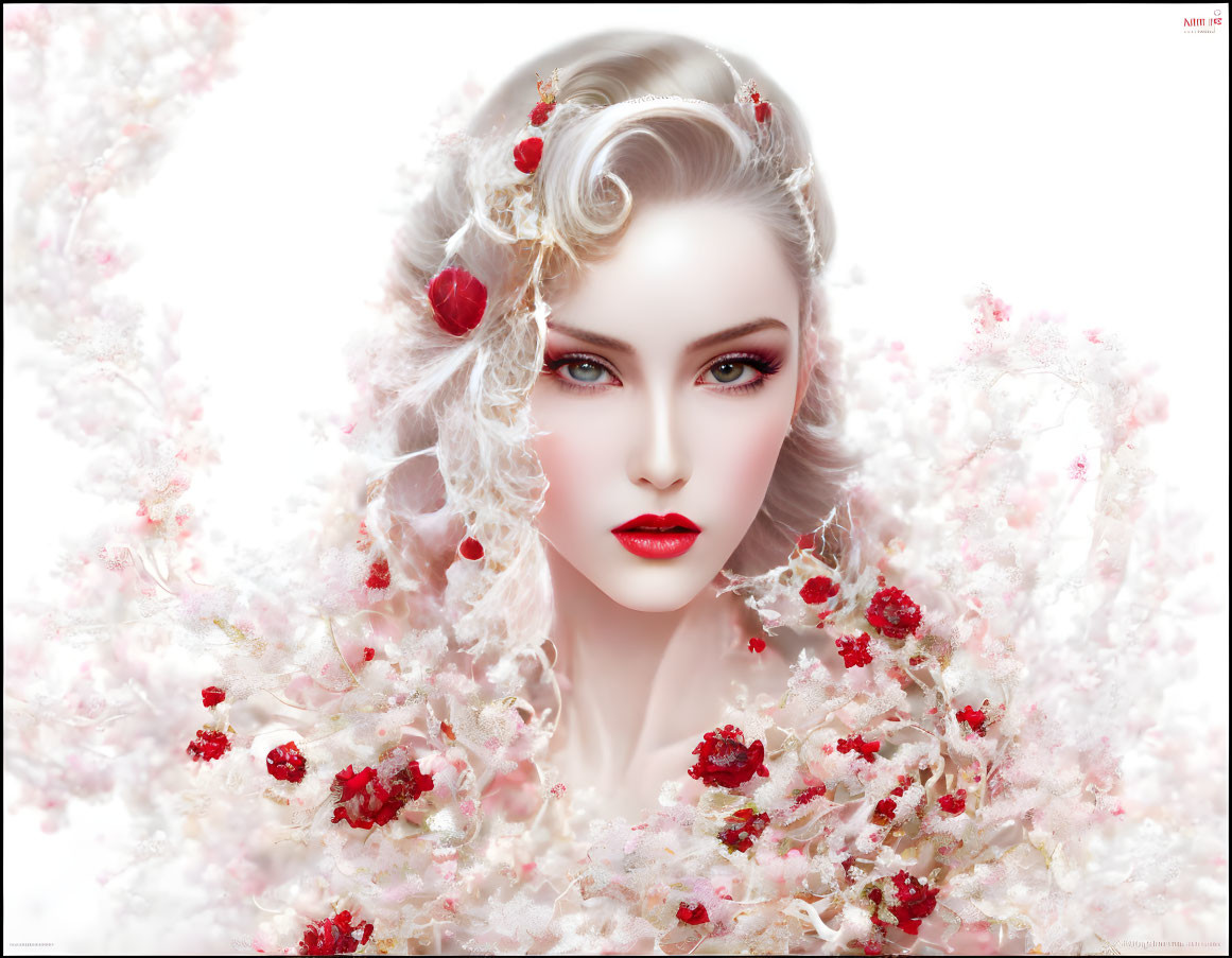 Pale-skinned woman with striking makeup and floral hair against white background