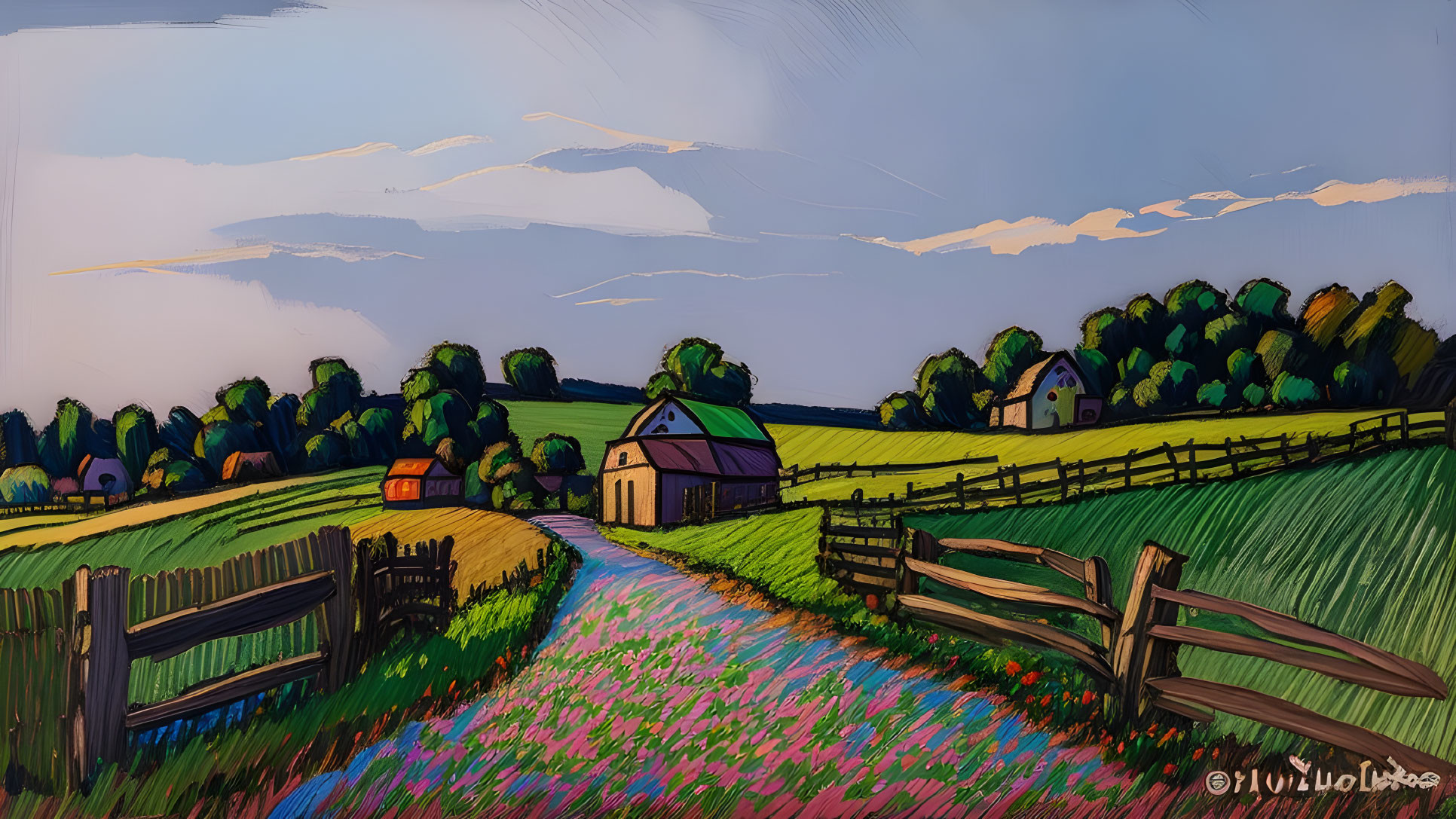 Colorful rural landscape painting with barn, fence, path, and expressive brushstrokes