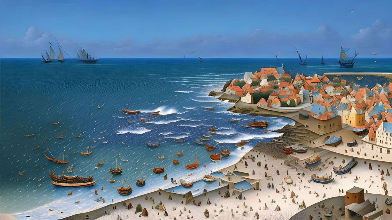 Medieval coastal town with markets, sailboats, and cloudy sky