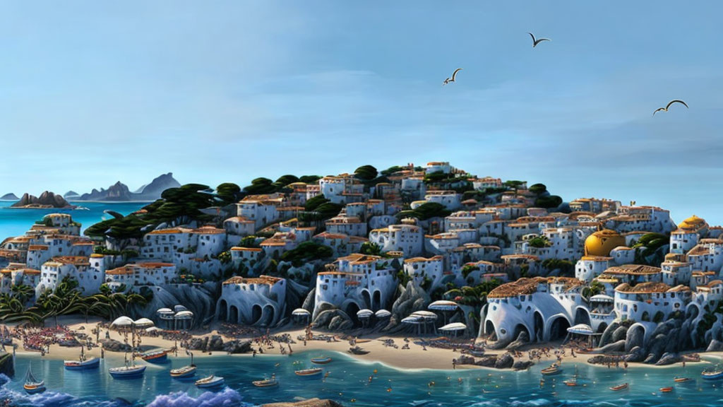 Coastal village with white buildings, blue domes, boats, sandy shores, and flying birds