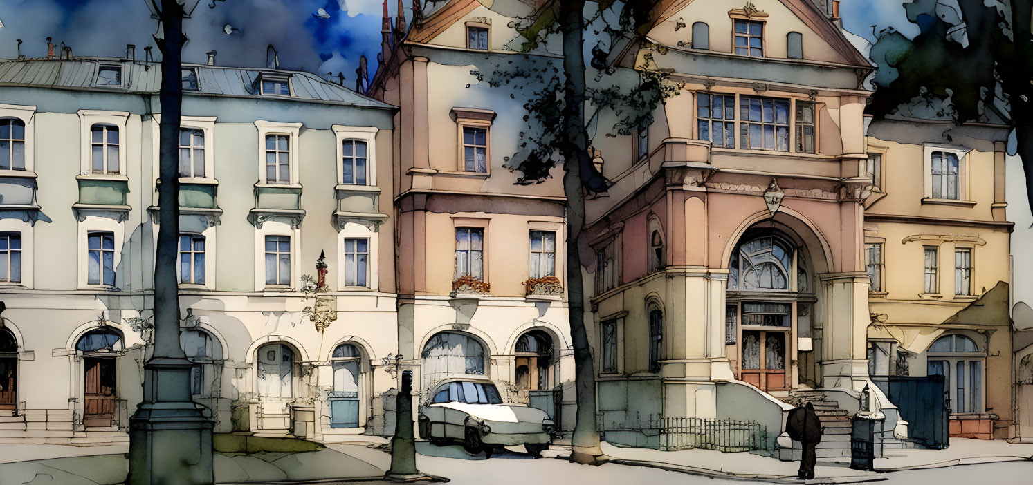 Stylized drawing of elegant townhouses with figure and car on quiet street