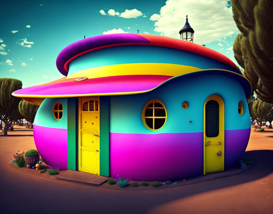 Colorful Whimsical House with Curved Rainbow Tiers in Desert Landscape