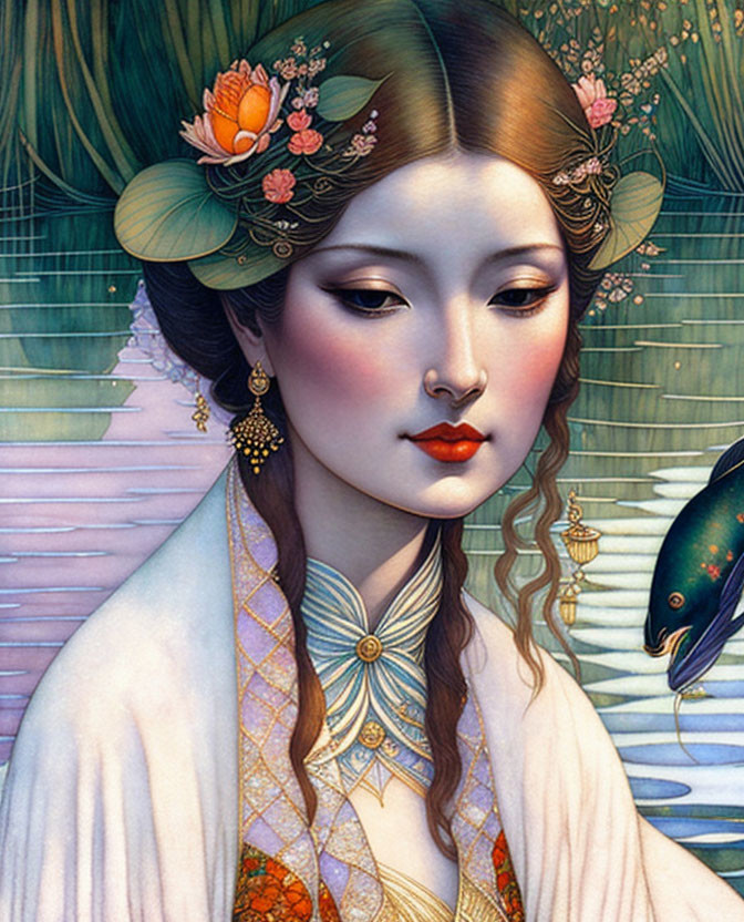 Detailed illustration of elegant woman with floral hairstyle and intricate jewelry against fish backdrop