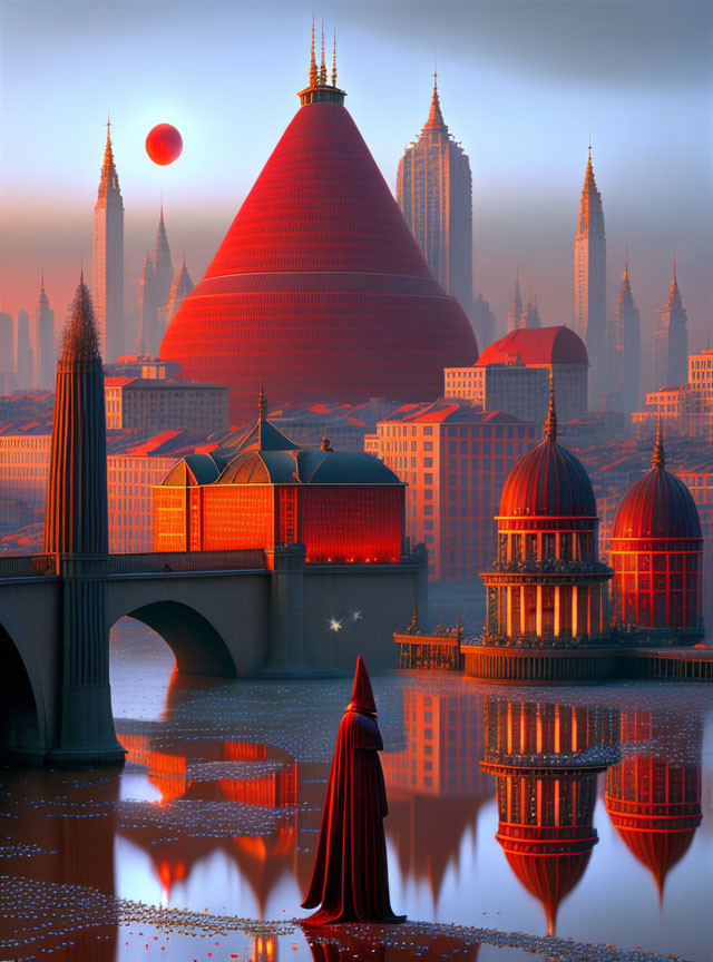 Fantastical cityscape with pyramidal and domed structures at sunset