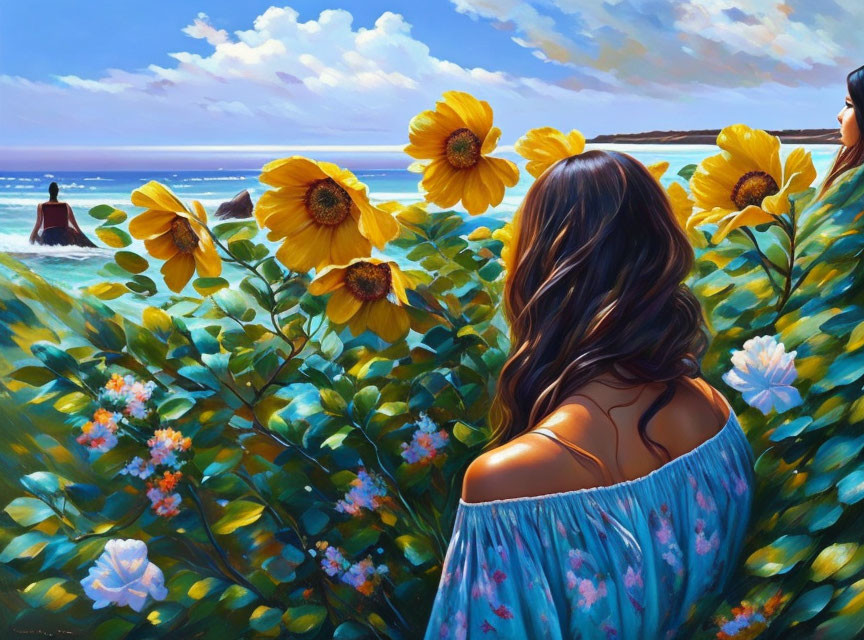 Woman in Blue Floral Dress Admiring Sunny Seascape