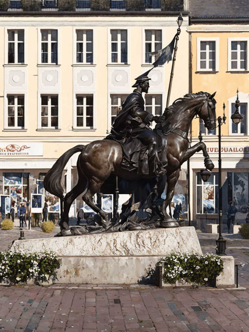 Bronze equestrian statue of historical figure with flag in public square