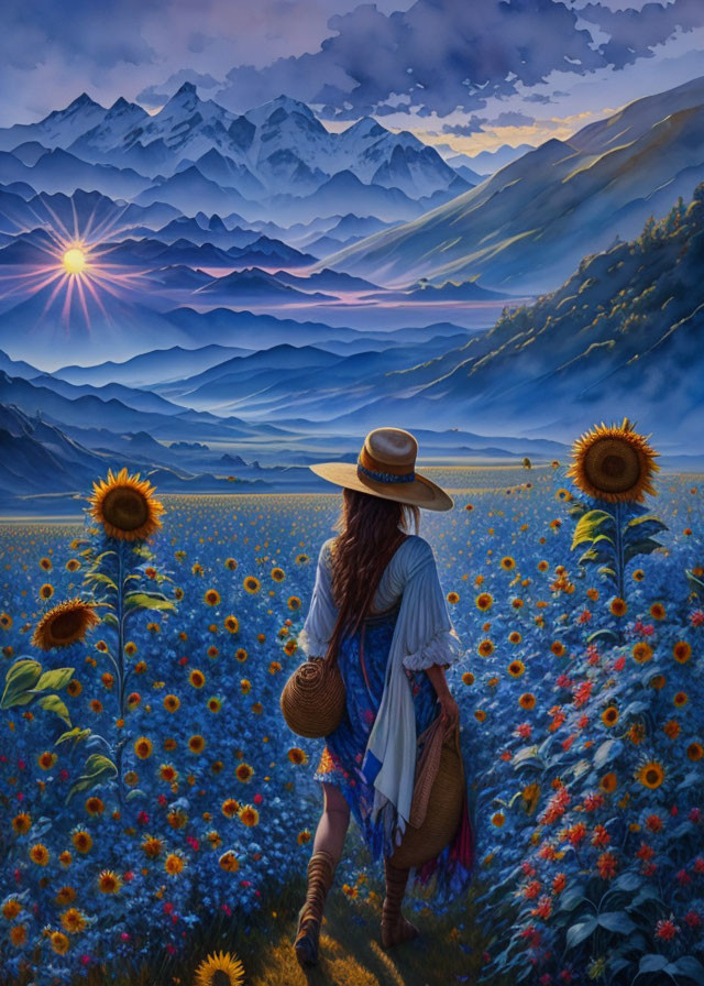 Woman in Hat Walking Through Sunflower Field Towards Mountains at Sunrise/Sunset