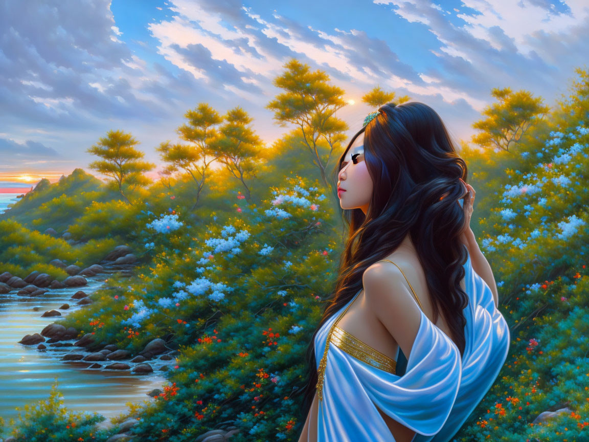 Woman in flowing dress gazes at sunset river scene