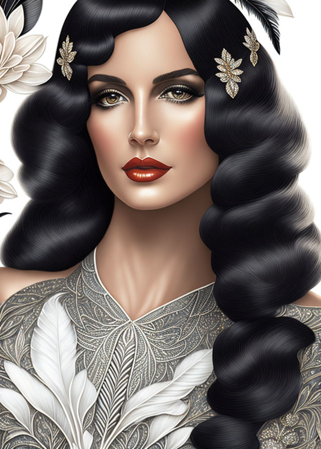 Detailed Illustration: Woman with Voluminous Black Hair and Gold Hair Accessories in White Floral Outfit