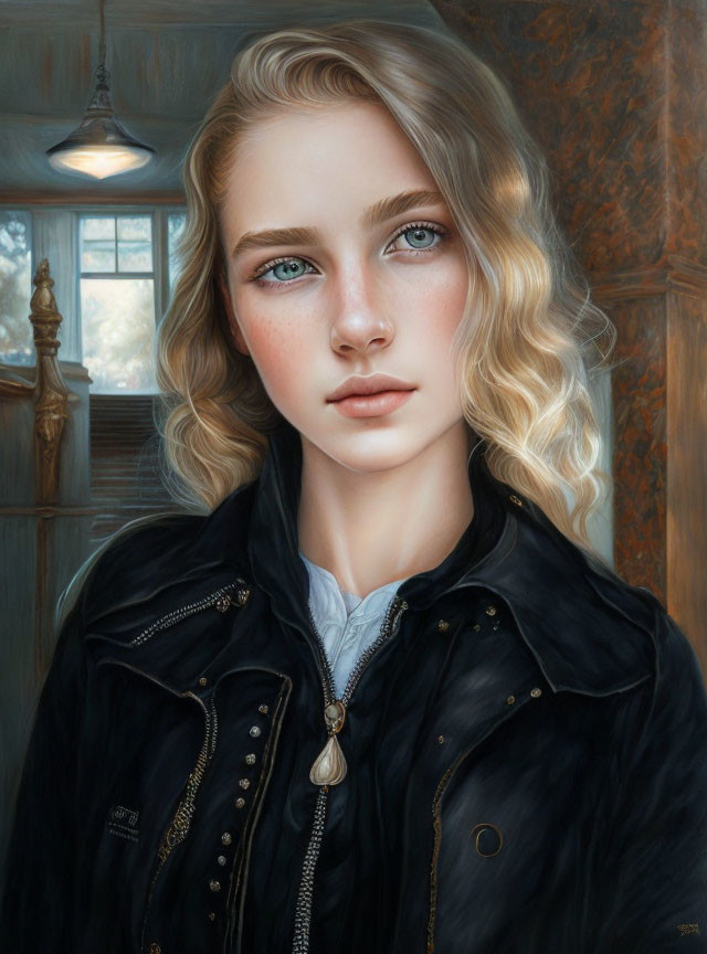 Young woman with blue eyes and blond hair in black jacket and white blouse in cozy interior.