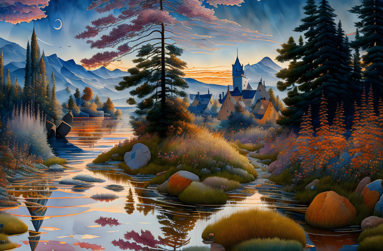 Scenic landscape: castle, mountains, river, flora, trees, evening sky.