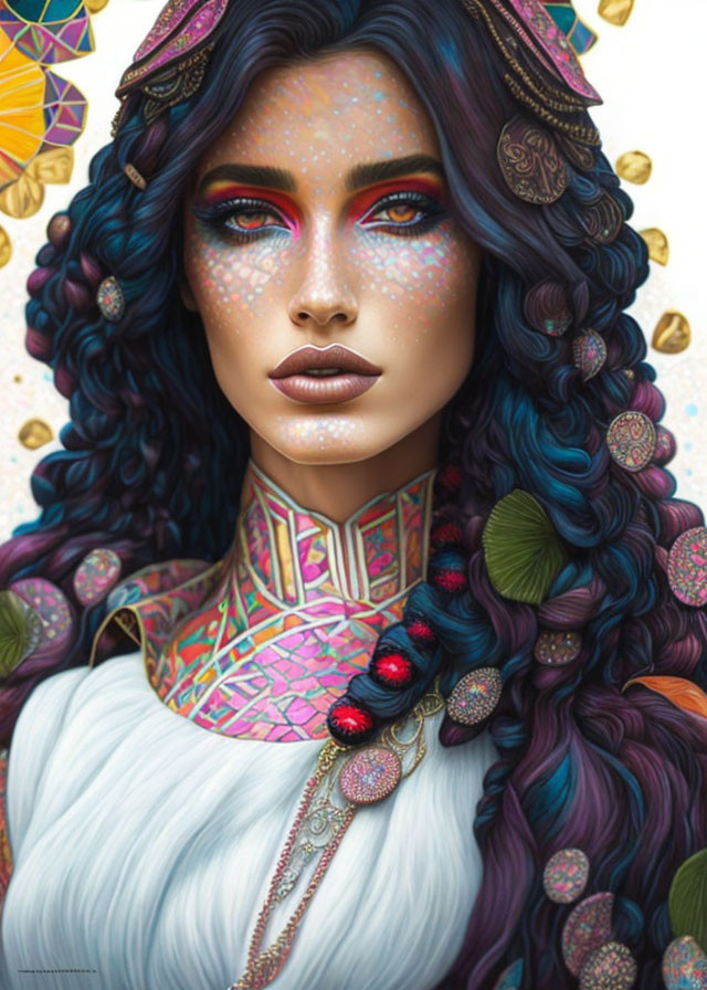 Illustrated woman with blue and purple hair, golden ornaments, freckles, and intricate neckwear