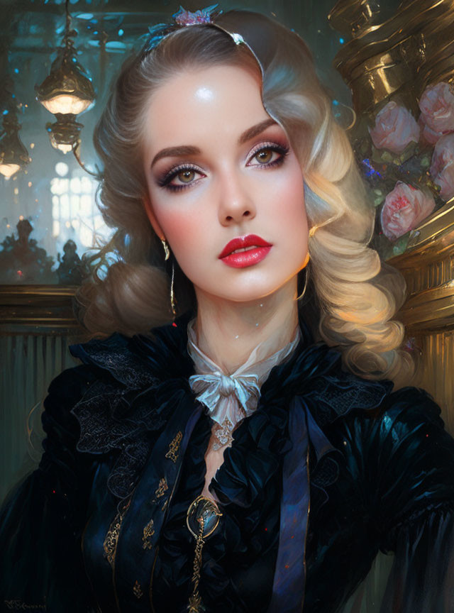 Portrait of woman with blonde hair, red lips, and period dress