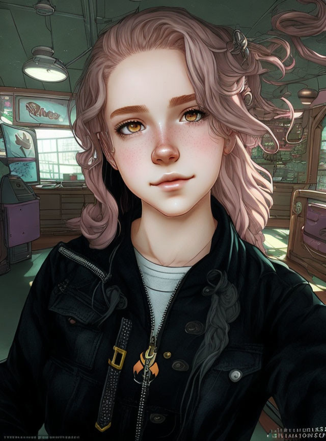 Digital artwork: Young woman with curly hair, amber eyes, black jacket, soft smile indoors