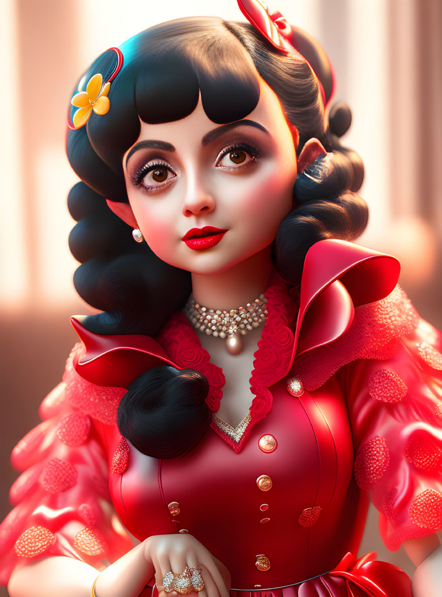 Doll-like character with big eyes and curly hair in red dress