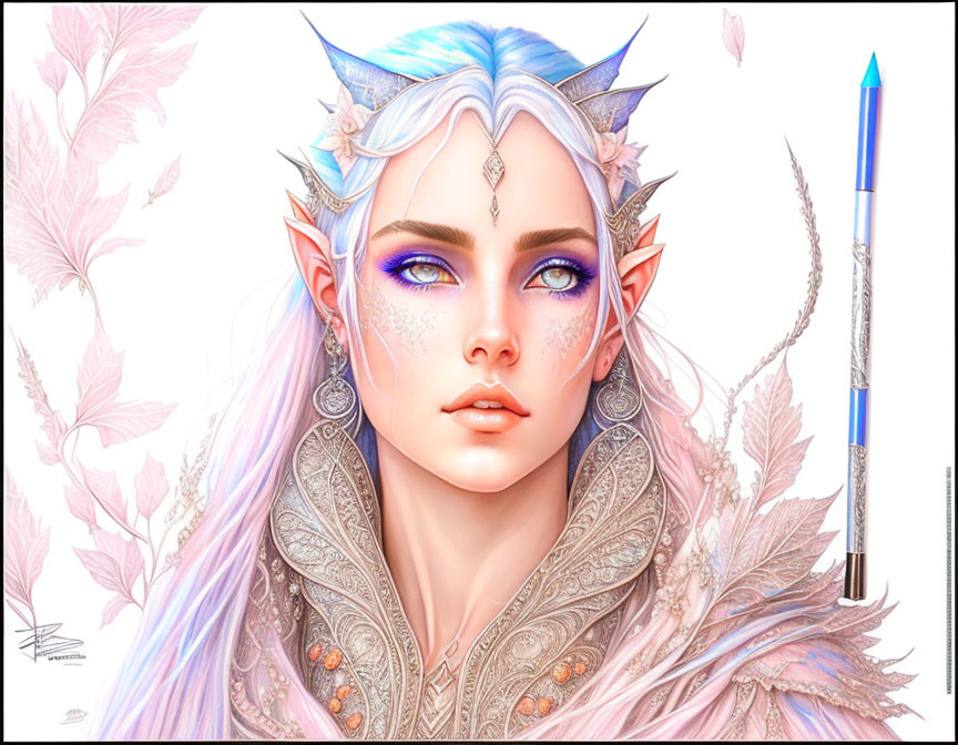 Ethereal elf with blue eyes and silver jewelry on floral background