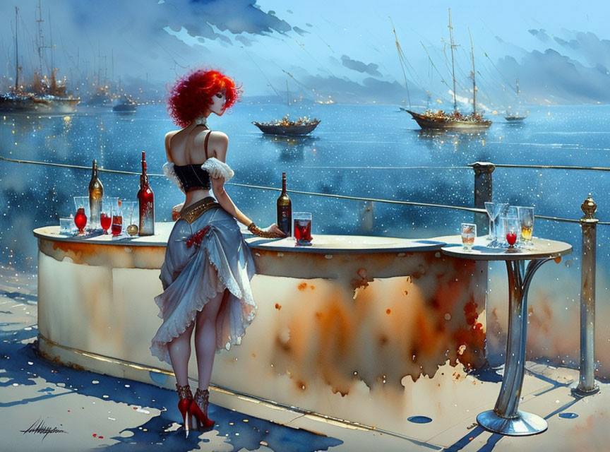 Stylized painting of woman with red hair at waterfront bar