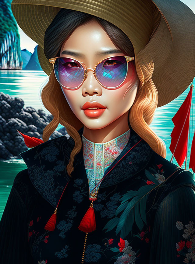 Stylish woman in sun hat and sunglasses with Asian floral outfit against scenic backdrop