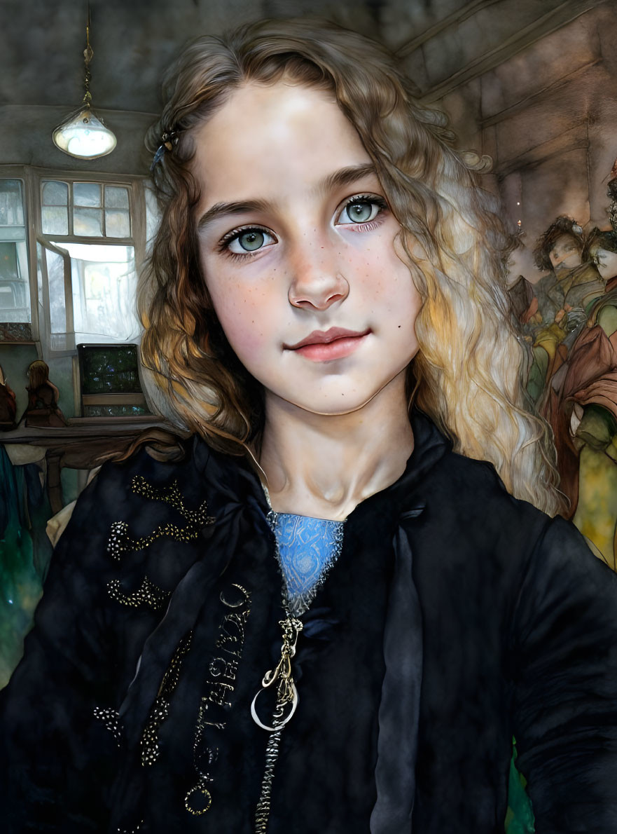 Young girl with curly blonde hair in black coat and locket, vintage room