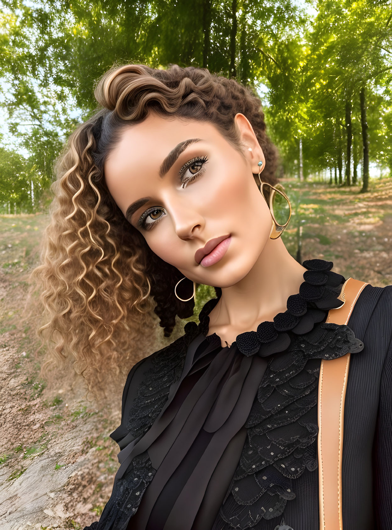 Curly-haired woman in hoop earrings, black ruffled top, posing by trees