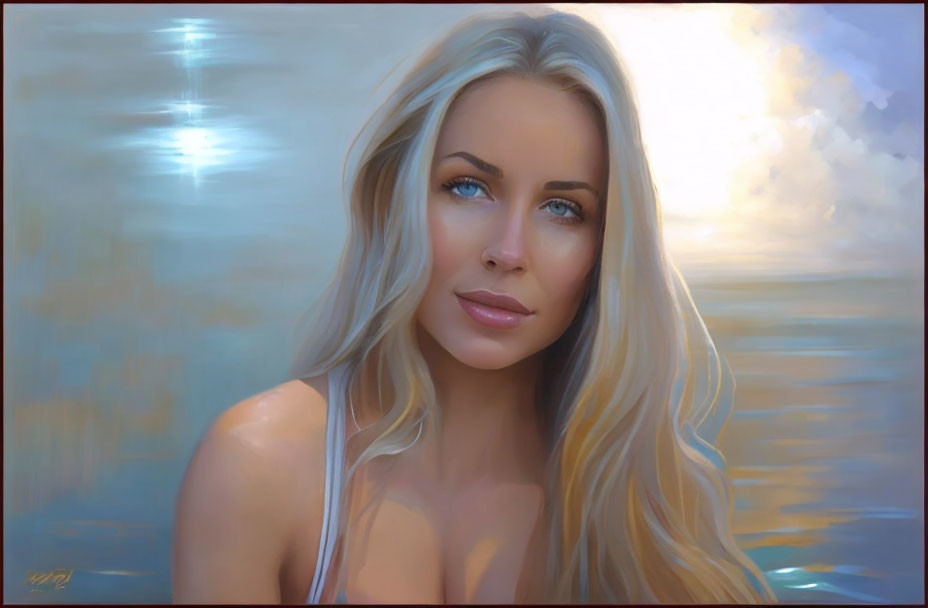 Blonde woman with blue eyes in serene water landscape