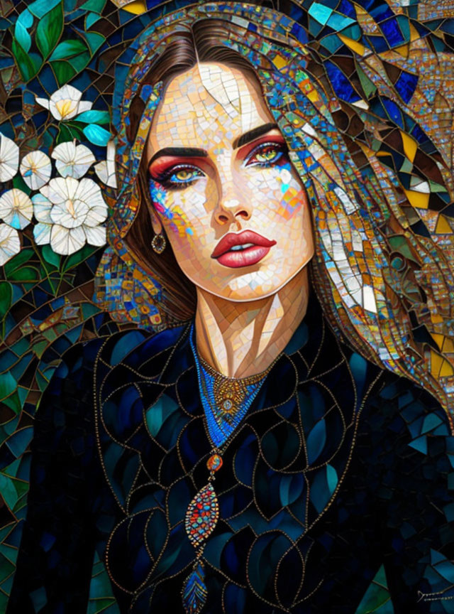 Colorful Mosaic Artwork of Woman with Blue Eyes and Dark Hair