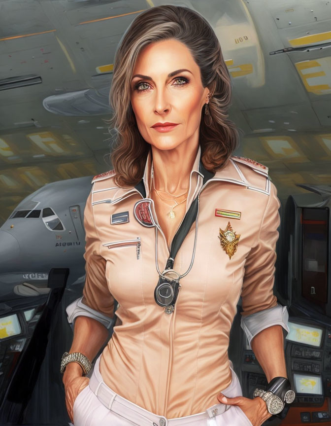 Confident woman in beige military uniform with medals and headset by aircraft hangar