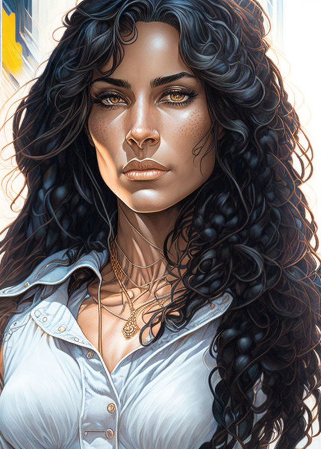 Illustration of woman with long curly black hair, blue eyes, freckles, light blue shirt