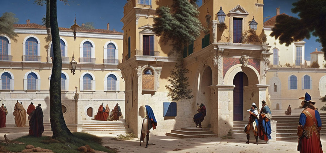 Renaissance-style building with people in period costumes conversing in sunlit courtyard