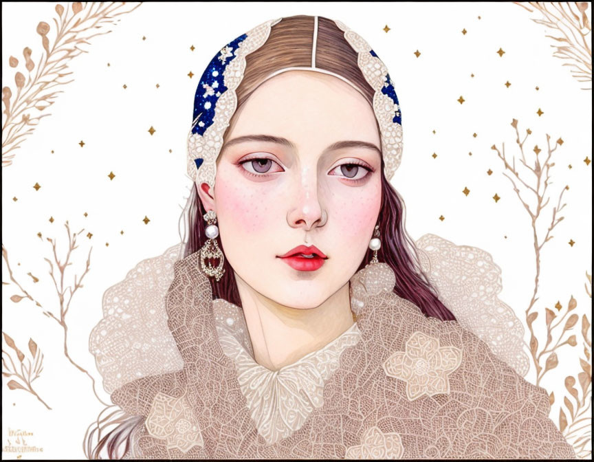 Detailed illustration of woman with starry headscarf, lace collar, intricate earrings, and golden floral