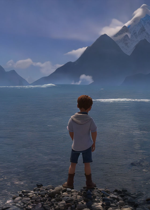 Boy on Pebble Beach with Serene Sea and Misty Mountains