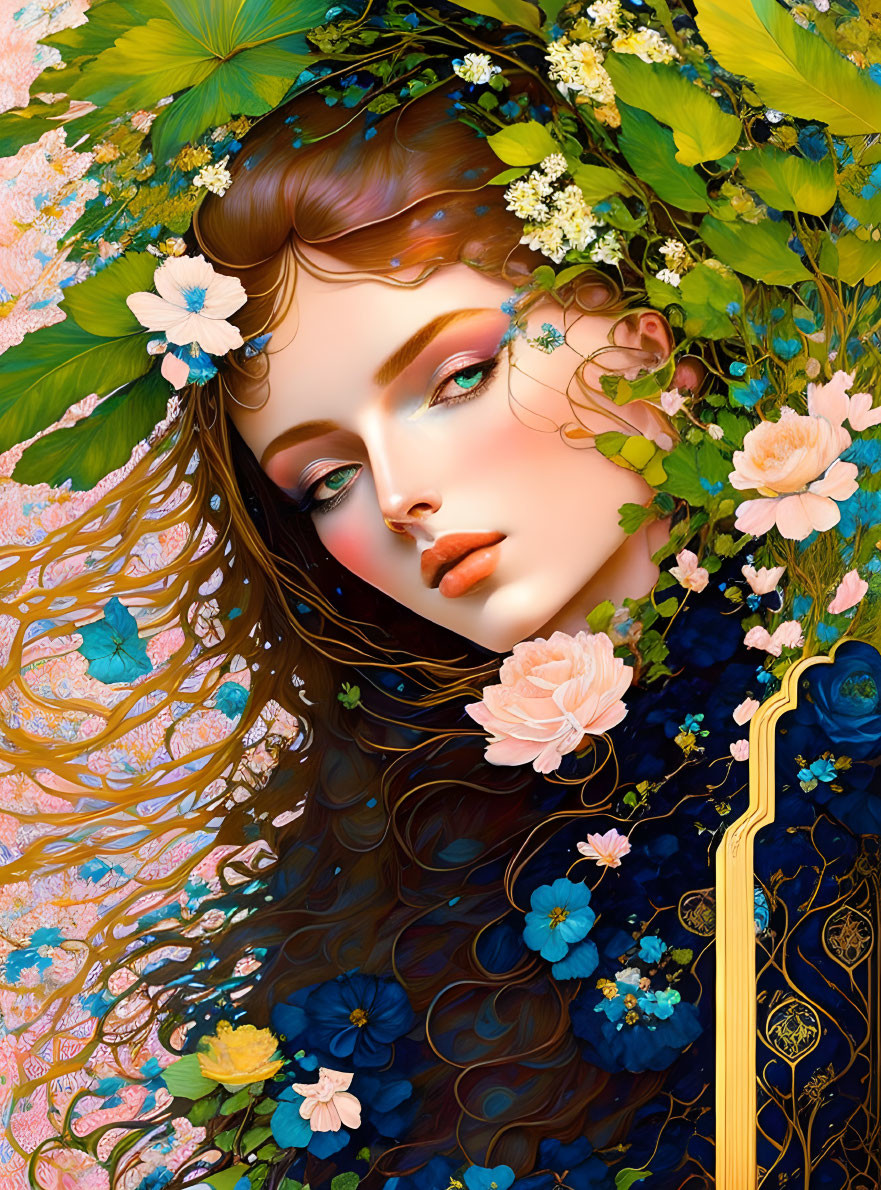 Detailed illustration of woman with flowing brown hair and greenery and flowers.