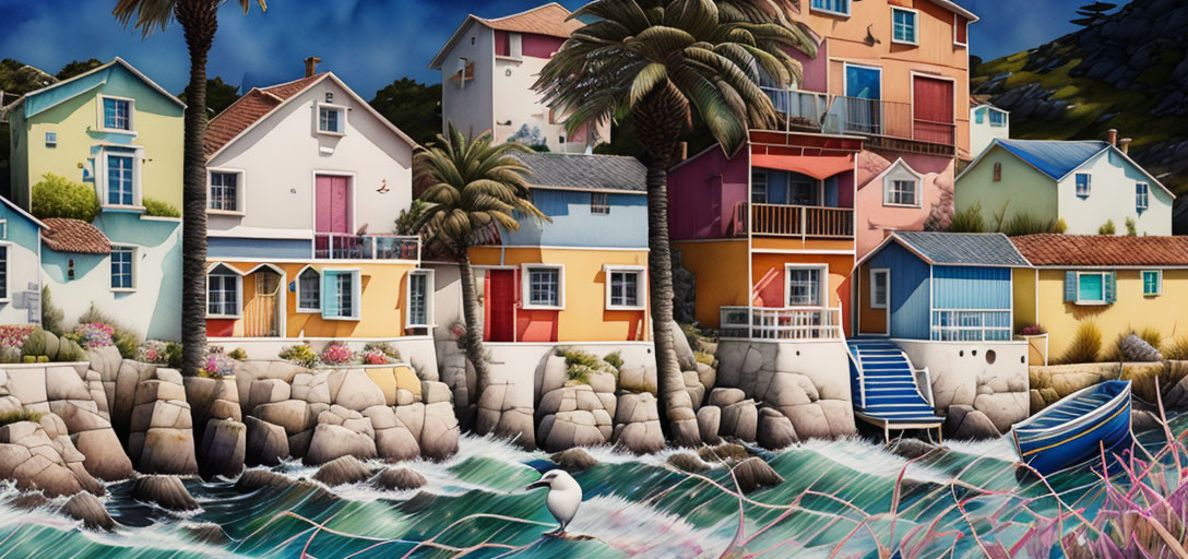 Vibrant coastal scene with colorful houses, balconies, palm trees, rocky shoreline, and se