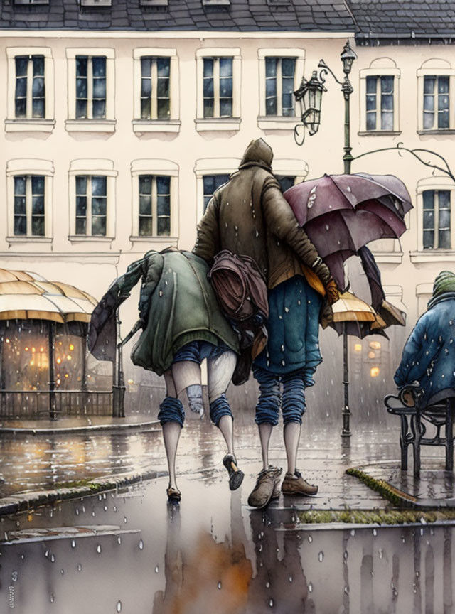 Two people sharing an umbrella on rainy cobbled street