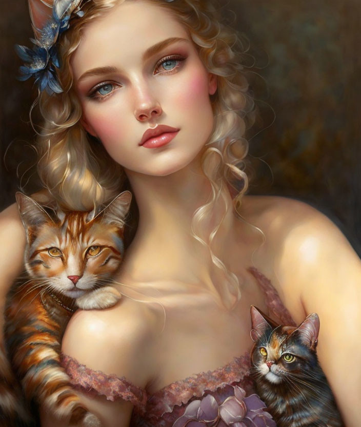 Blonde woman with blue eyes holding two striped cats with a blue flower