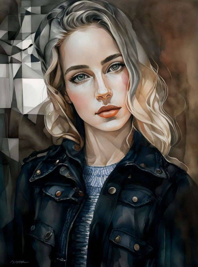 Digital painting: Woman with blue eyes, wavy hair, black jacket on monochrome background