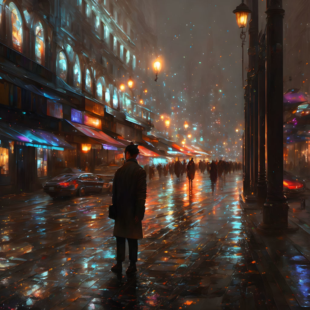 Person standing on rain-slicked street at night with glowing streetlamps and vibrant storefronts