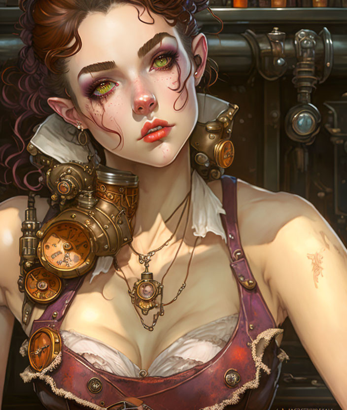 Digital artwork: Woman with pointed ears, freckles, purple eye makeup, steampunk attire