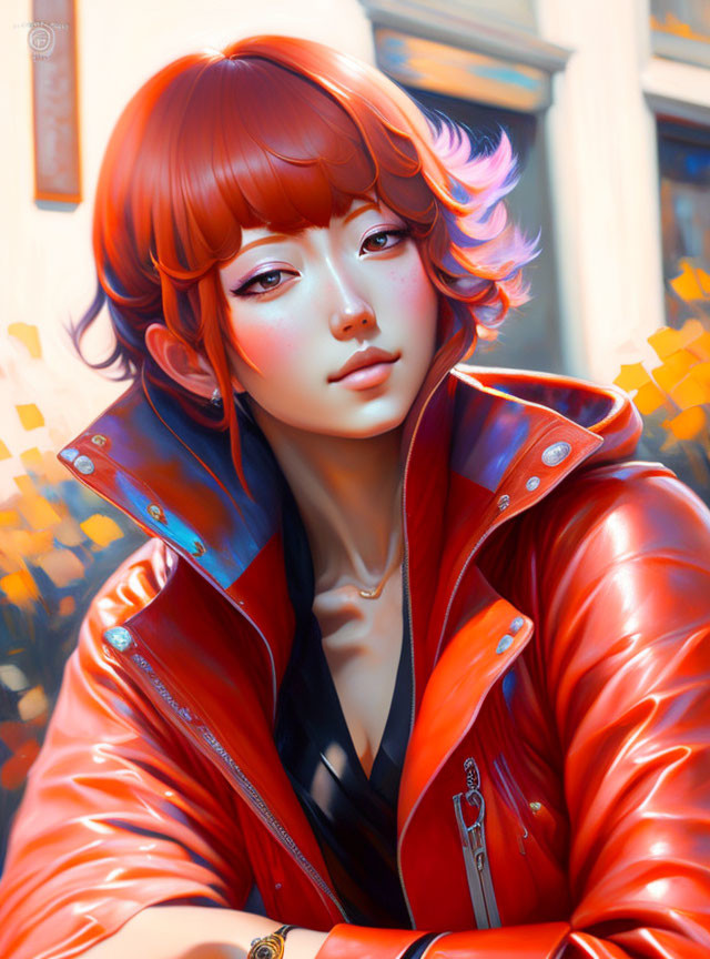 Digital Artwork: Woman with Reddish-Brown Wavy Hair and Striking Eyes in Red Jacket