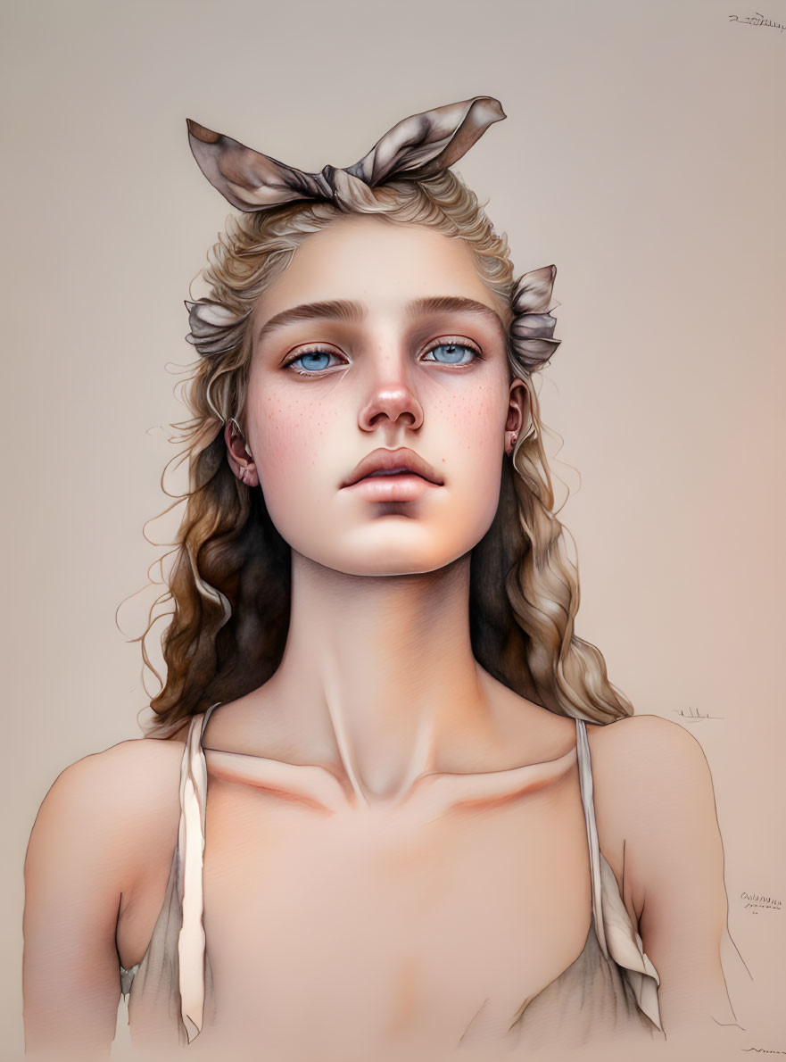 Digital artwork: Person with elf-like ears, antlers, blue eyes, curly hair, headband