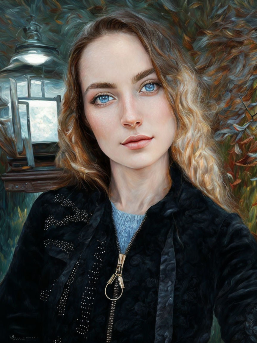 Portrait of Woman with Blue Eyes and Curly Blonde Hair in Black Jacket