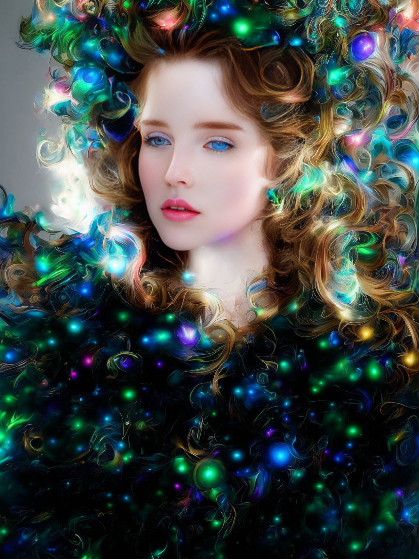 Curly-haired woman with colorful orbs and blue eyes.