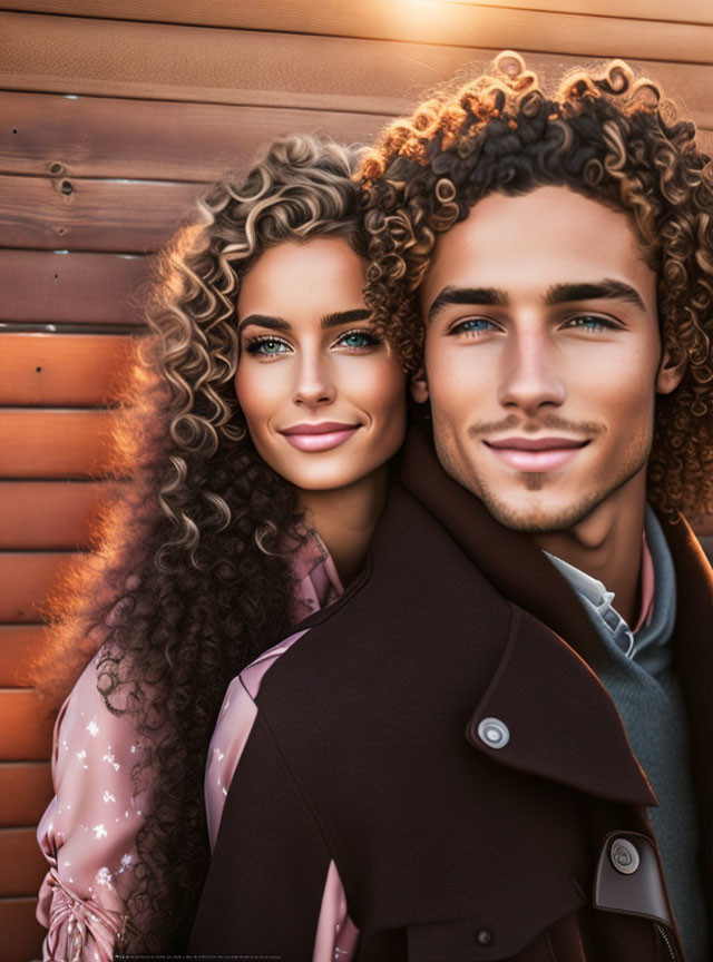 Smiling Couple with Curly Hair in Pink Dress and Coat on Wooden Backdrop